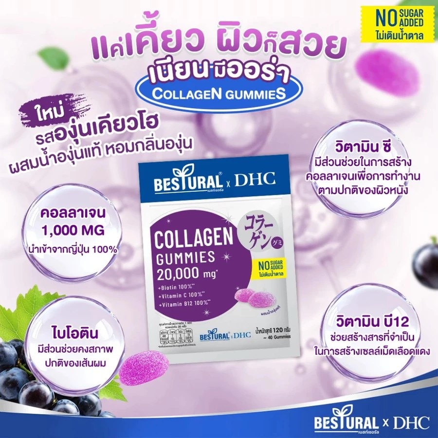 ม่วง DHC X Bestural x DHC collagen gummies 20,000mg. (ไม่เติมน้ำตาล) (40Gummies)