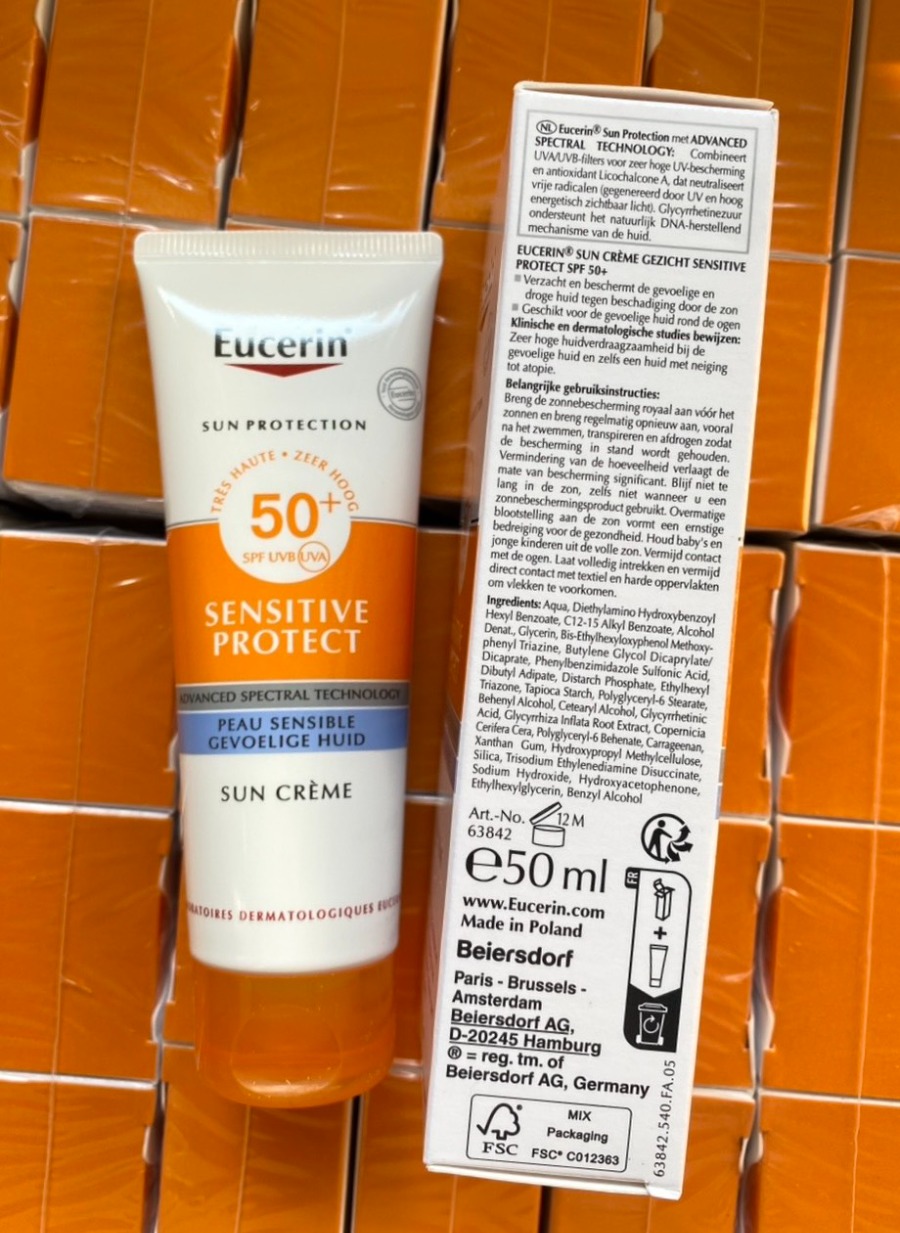 แบบหลอด/ผิวบอบบาง Eucerin Sun Sensitive Protect Cream SPF50+ PA++++ 50ml.